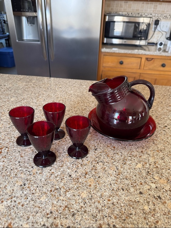 Anchor Hocking Other - Vintage Anchor Hocking Ruby Red Glass Pitcher with 4 Cordial Glasses